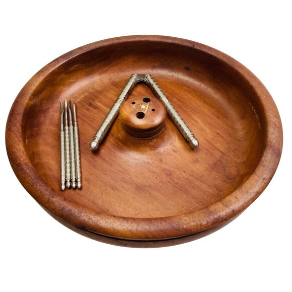 Vintage Handmade Wooden Nut Bowl w/ Nut Cracker & 4 Picks 10" MCM Decor *Read - Picture 1 of 5